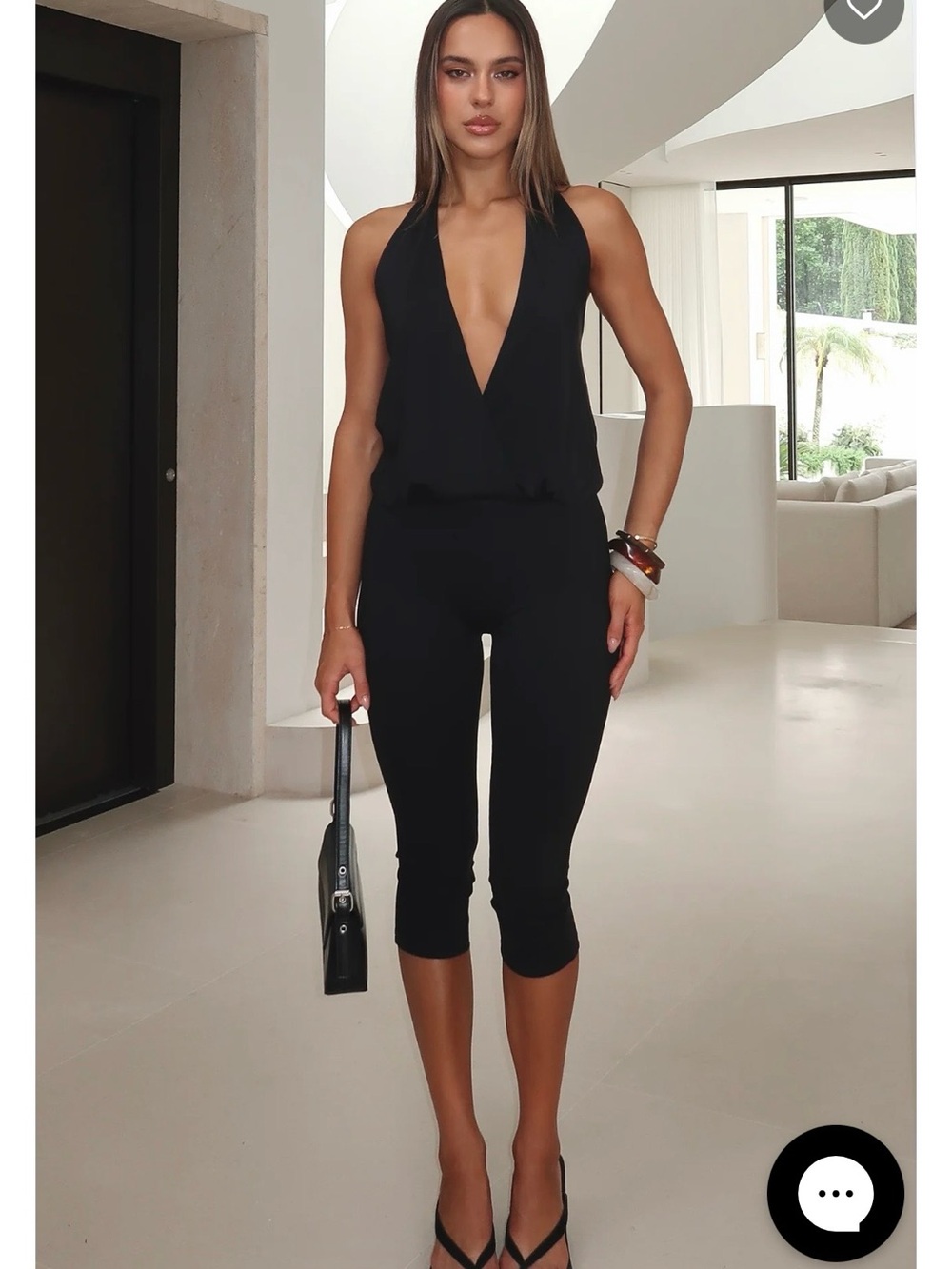 White Fox Boutique Black Plunge Halter Capri Jumpsuit
